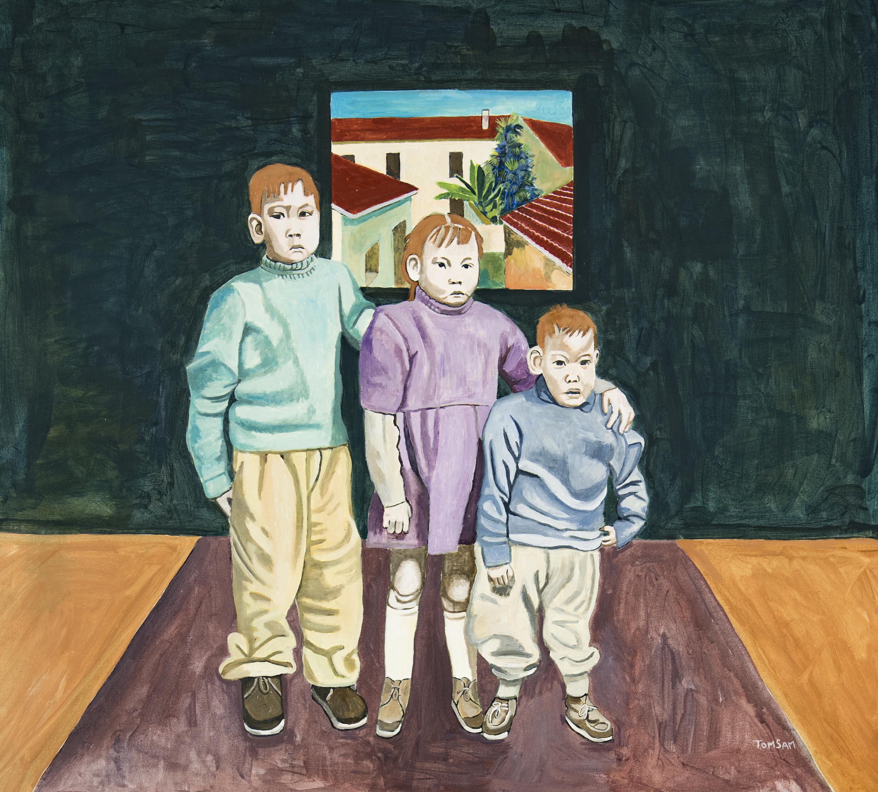 Familles : LES TROIS EXILÉS, Tom Sam- Acrylique sur toile, 84 x 92 cm, 2020